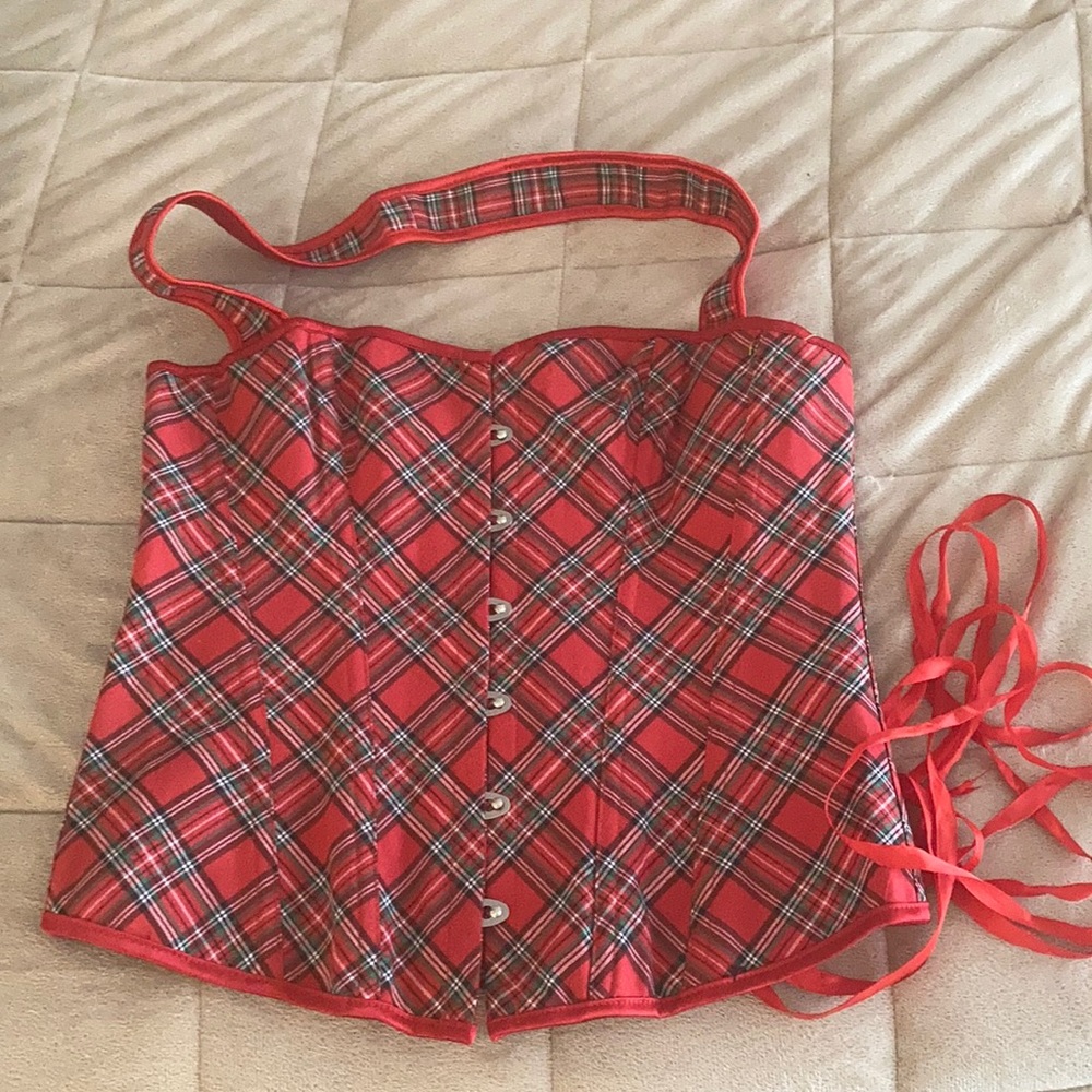 Red Plaid Strapless Corset Top with Removable Strap
